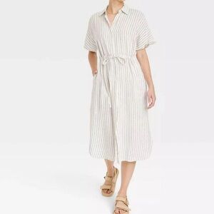 A New Day Women's Short Sleeve Linen Midi Shirtdress Black White Striped